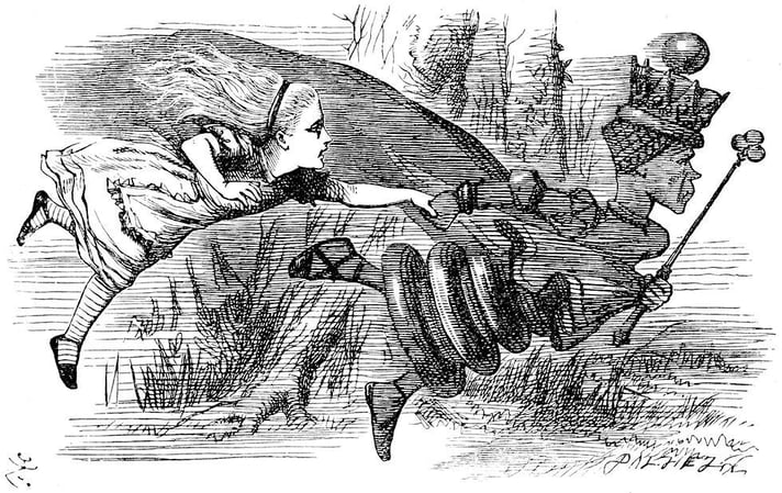 The red queen runs fast as she drags a half flying Alice with her. Depiction by John Tenniel.